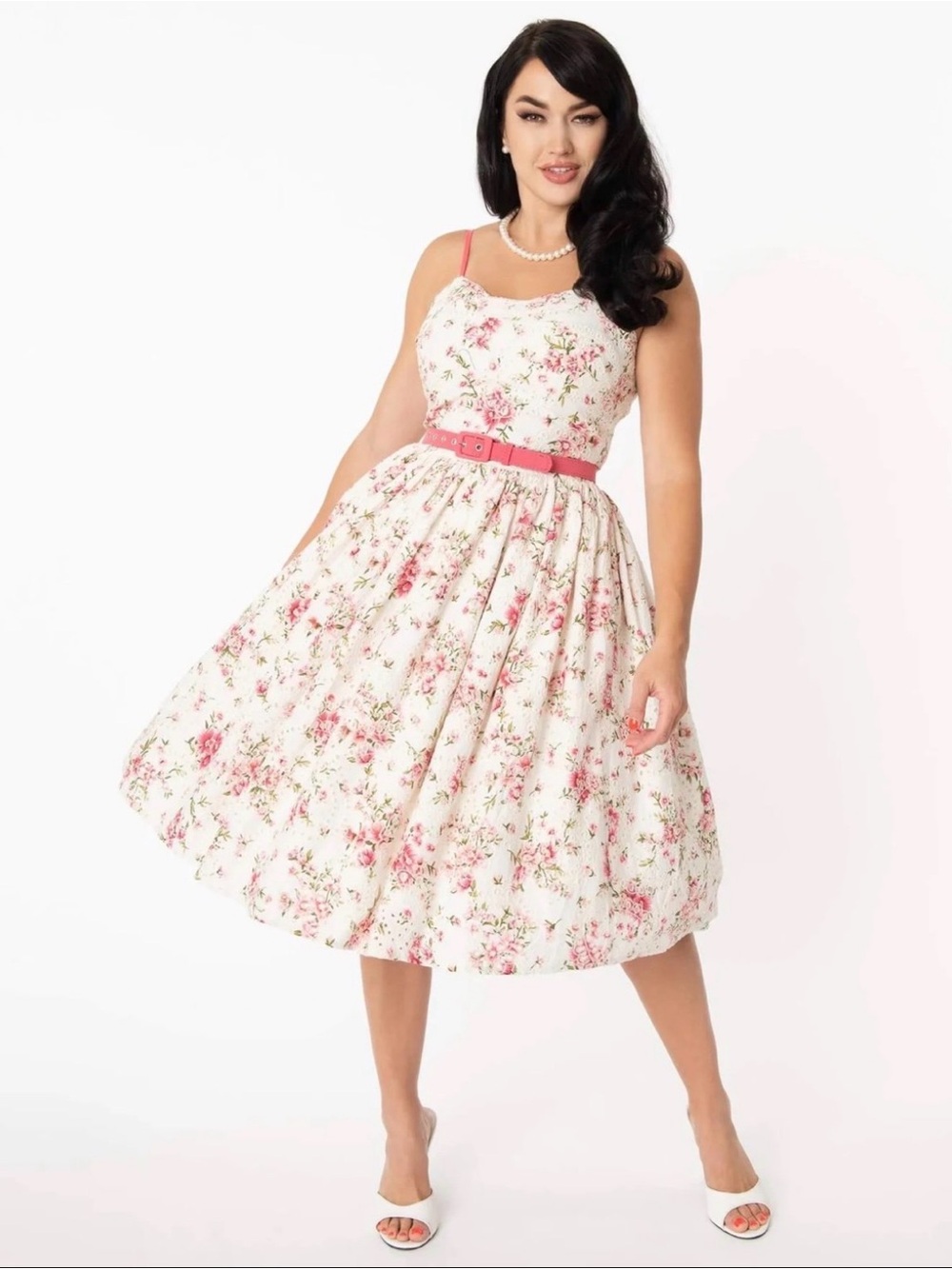 Vintage-Inspired White Floral Midi Dress w/ Pink Accents